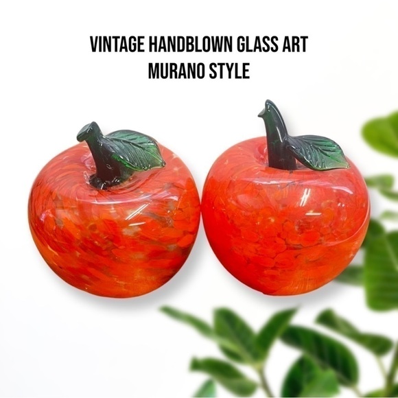 Vintage Handblown Glass Art Red Orange Apples Set of 2 Murano Style - Picture 1 of 6